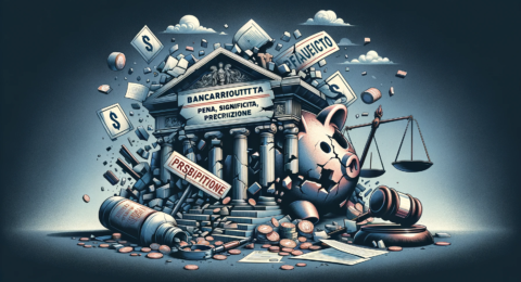 A conceptual illustration for 'Bancarotta Fraudolenta_ pena, significato, prescrizione', translating to 'Fraudulent Bankruptcy_ Penalty, Meaning, Pres