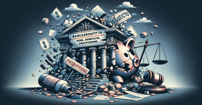 A conceptual illustration for 'Bancarotta Fraudolenta_ pena, significato, prescrizione', translating to 'Fraudulent Bankruptcy_ Penalty, Meaning, Pres