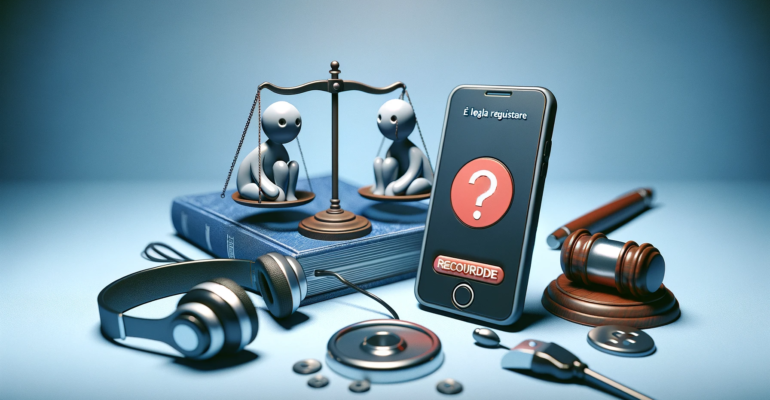 A conceptual illustration for 'È legale registrare una telefonata_', translating to 'Is it Legal to Record a Phone Call_'. The image should depict the