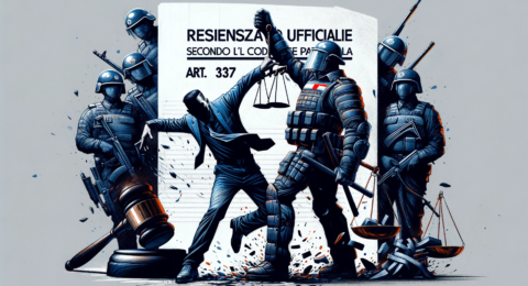 A conceptual illustration for 'Resistenza a Pubblico Ufficiale_ Secondo l'art. 337 del codice penale', translating to 'Resistance to a Public Official