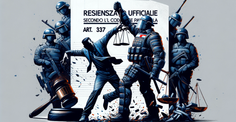A conceptual illustration for 'Resistenza a Pubblico Ufficiale_ Secondo l'art. 337 del codice penale', translating to 'Resistance to a Public Official
