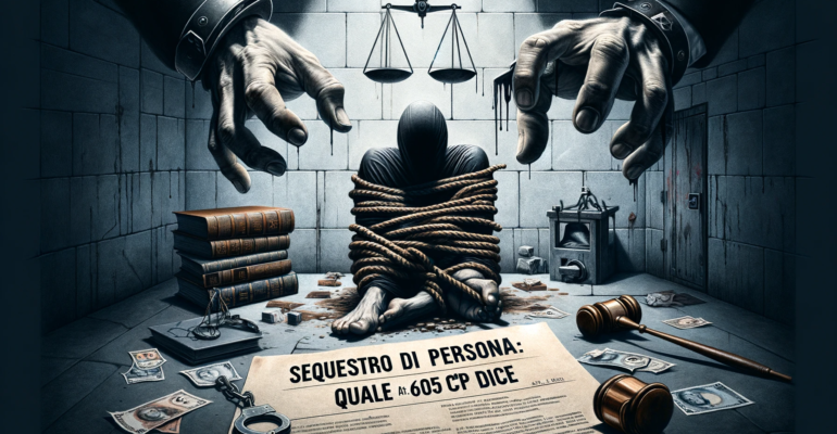 A conceptual illustration for 'Sequestro di persona_ Quale art. 605 cp dice', translating to 'Kidnapping_ What Article 605 of the Penal Code States'.