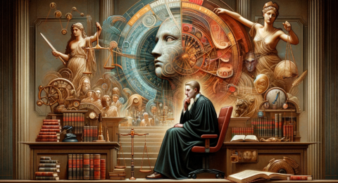 A conceptual representation of 'Dolo_ What Is It And What Is The Meaning Of This Term_'. The image is set in a courtroom, symbolizing the legal contex