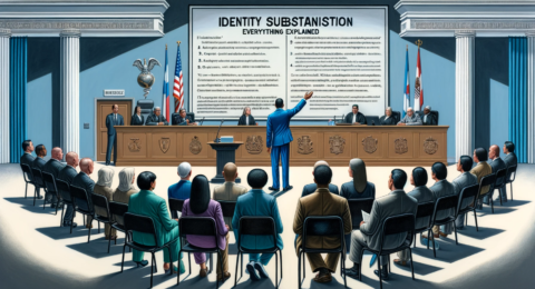 A detailed and explanatory depiction of 'Identity Substitution (Article 494 of the Criminal Code)_ Everything Explained'. The scene is set in a courtr