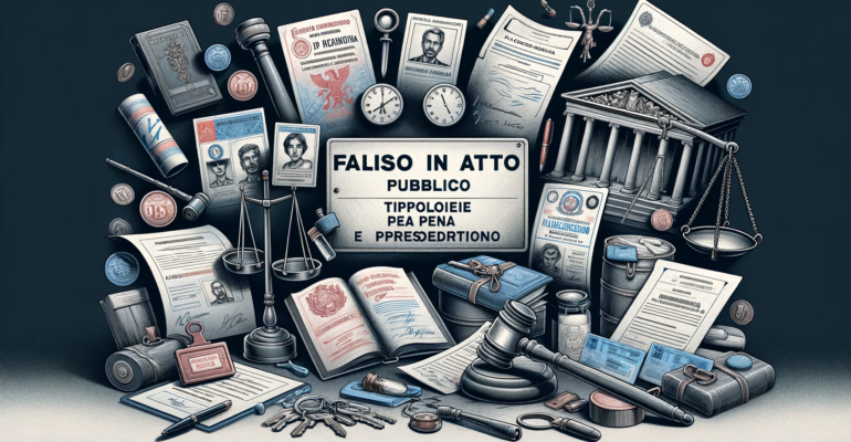 A detailed illustration for 'Falso in Atto Pubblico_ Tipologie, Pena E Prescrizione', translating to 'Forgery in Public Documents_ Types, Penalty, and