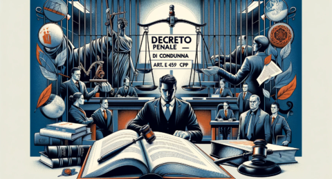 A legal and informative illustration for 'Decreto Penale di Condanna (Secondo L’art 459 cpp e l'461 cpp)', translating to 'Penal Decree of Conviction