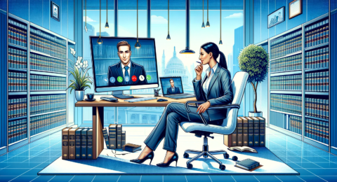 A modern and informative depiction of 'Online Legal Consultation_ Everything You Need to Know'. The scene illustrates a contemporary office setting, s