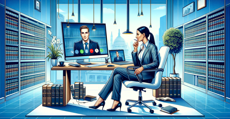 A modern and informative depiction of 'Online Legal Consultation_ Everything You Need to Know'. The scene illustrates a contemporary office setting, s