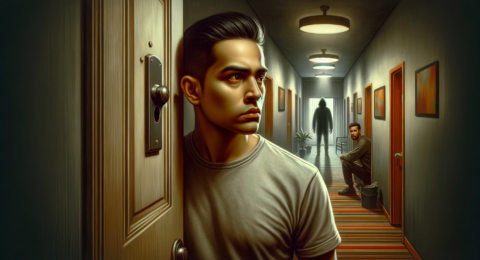 A powerful and evocative depiction of 'Condominium Stalking_ How to Recognize and Defend Against It'. The scene is set in a typical apartment building
