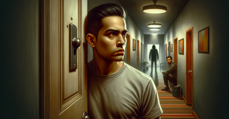 A powerful and evocative depiction of 'Condominium Stalking_ How to Recognize and Defend Against It'. The scene is set in a typical apartment building