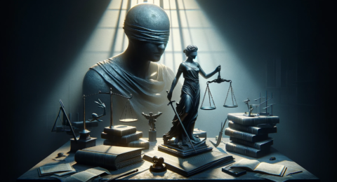 An evocative and symbolic representation of 'Unintentional Homicide_ What does Article 584 cp say_'. The image features a symbolic courtroom setting w