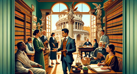 An illustrative scene titled 'Free Legal Aid Lawyer in Rome_ Find the Best'. The image depicts a bustling legal office in Rome, with a sense of dynami