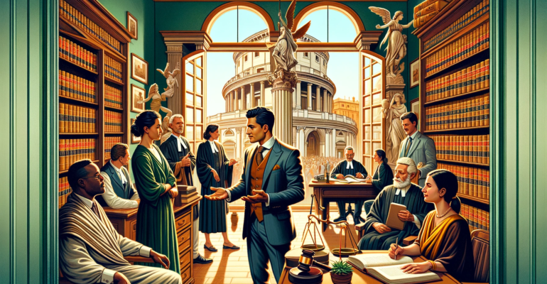 An illustrative scene titled 'Free Legal Aid Lawyer in Rome_ Find the Best'. The image depicts a bustling legal office in Rome, with a sense of dynami