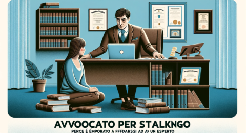 An informative and supportive illustration for 'Avvocato per stalking_ Perché è importante affidarsi ad un esperto', translating to 'Lawyer for Stalki (1)