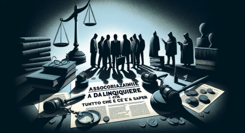 An informative illustration for 'Associazione a delinquere ex art. 416 cp_ tutto quello che c'è da sapere', translating to 'Criminal Conspiracy under