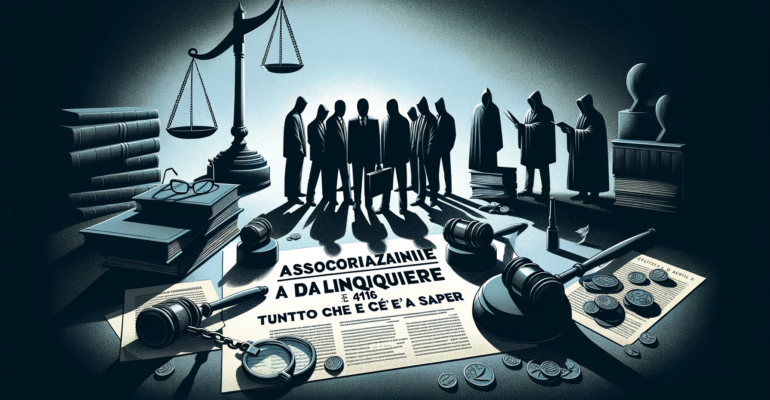An informative illustration for 'Associazione a delinquere ex art. 416 cp_ tutto quello che c'è da sapere', translating to 'Criminal Conspiracy under