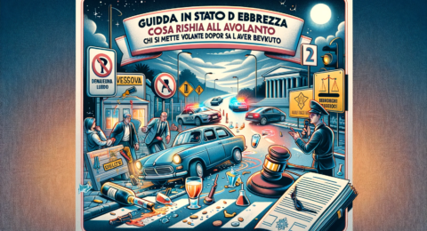 An informative illustration for 'Guida in stato di ebbrezza_ cosa rischia chi si mette al volante dopo aver bevuto', translating to 'Driving Under the