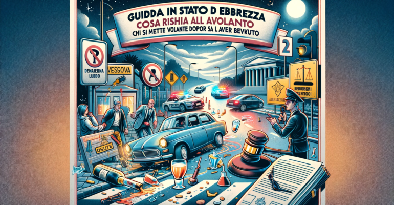 An informative illustration for 'Guida in stato di ebbrezza_ cosa rischia chi si mette al volante dopo aver bevuto', translating to 'Driving Under the