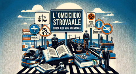 An informative illustration for 'L'omicidio stradale in Italia_ guida alla nuova normativa', translating to 'Road Homicide in Italy_ A Guide to the Ne