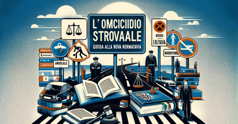 An informative illustration for 'L'omicidio stradale in Italia_ guida alla nuova normativa', translating to 'Road Homicide in Italy_ A Guide to the Ne