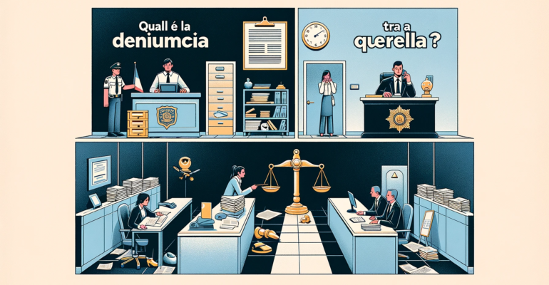 An informative illustration for 'Qual è la differenza tra denuncia e querela_', translating to 'What is the Difference Between a Complaint and a Lawsu