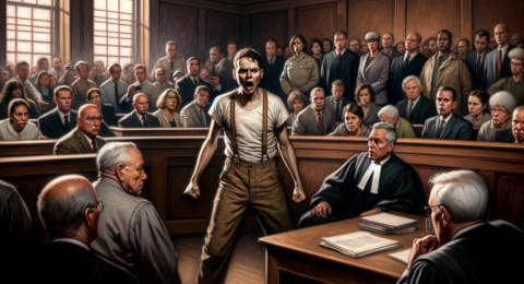 DALL·E 2023-11-27 11.10.36 - A dramatic and intense scene illustrating 'Art 336 cp_ Threatening a Public Official'. The scene is set in a courtroom with a tense atmosphere. In the (1)