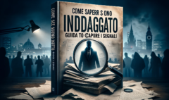 A suspenseful and mysterious book cover for a fictional guide titled 'Come sapere se sono indagato_ Guida per Capire i Segnali' (How to Know If You're