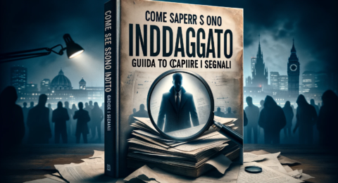 A suspenseful and mysterious book cover for a fictional guide titled 'Come sapere se sono indagato_ Guida per Capire i Segnali' (How to Know If You're