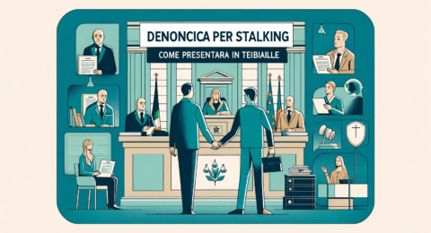 An informative and supportive illustration for 'Denuncia per stalking_ come presentarla in tribunale', translating to 'Filing a Stalking Complaint_ Ho